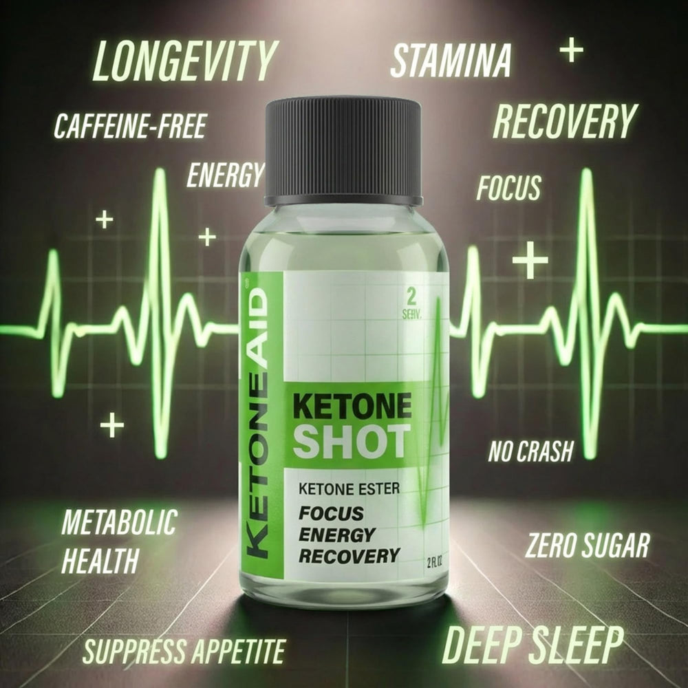 Close up of KetoneAid Ketone Shot peach flavor for workouts.