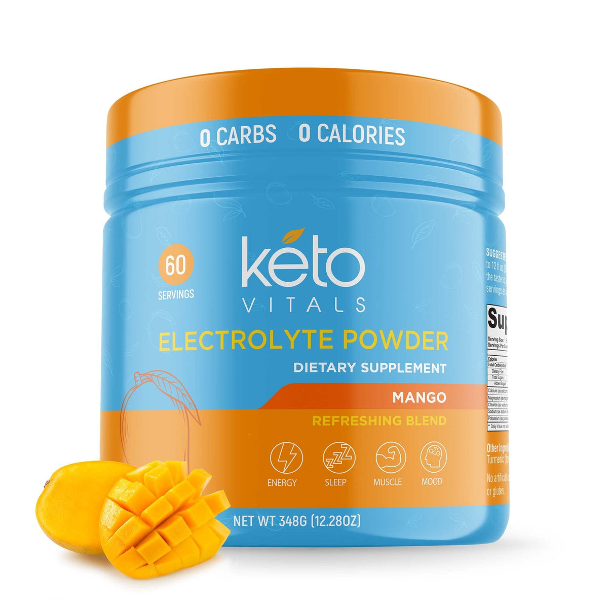 Keto Vitals electrolytes powder tub front label supports keto hydration.