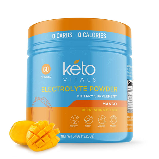 Keto Vitals electrolytes powder tub front label supports keto hydration.