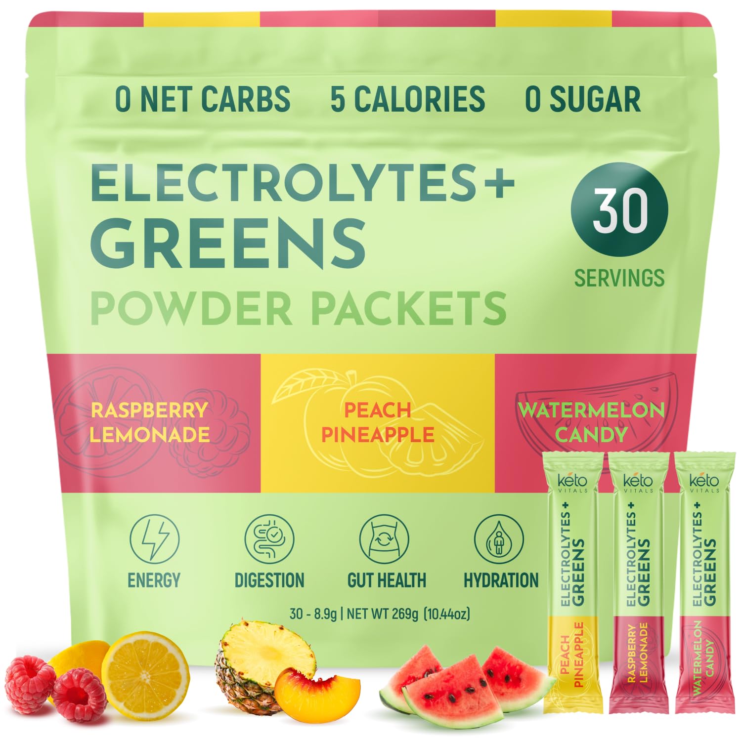 Keto Vitals greens and electrolytes front packaging promoting hydration