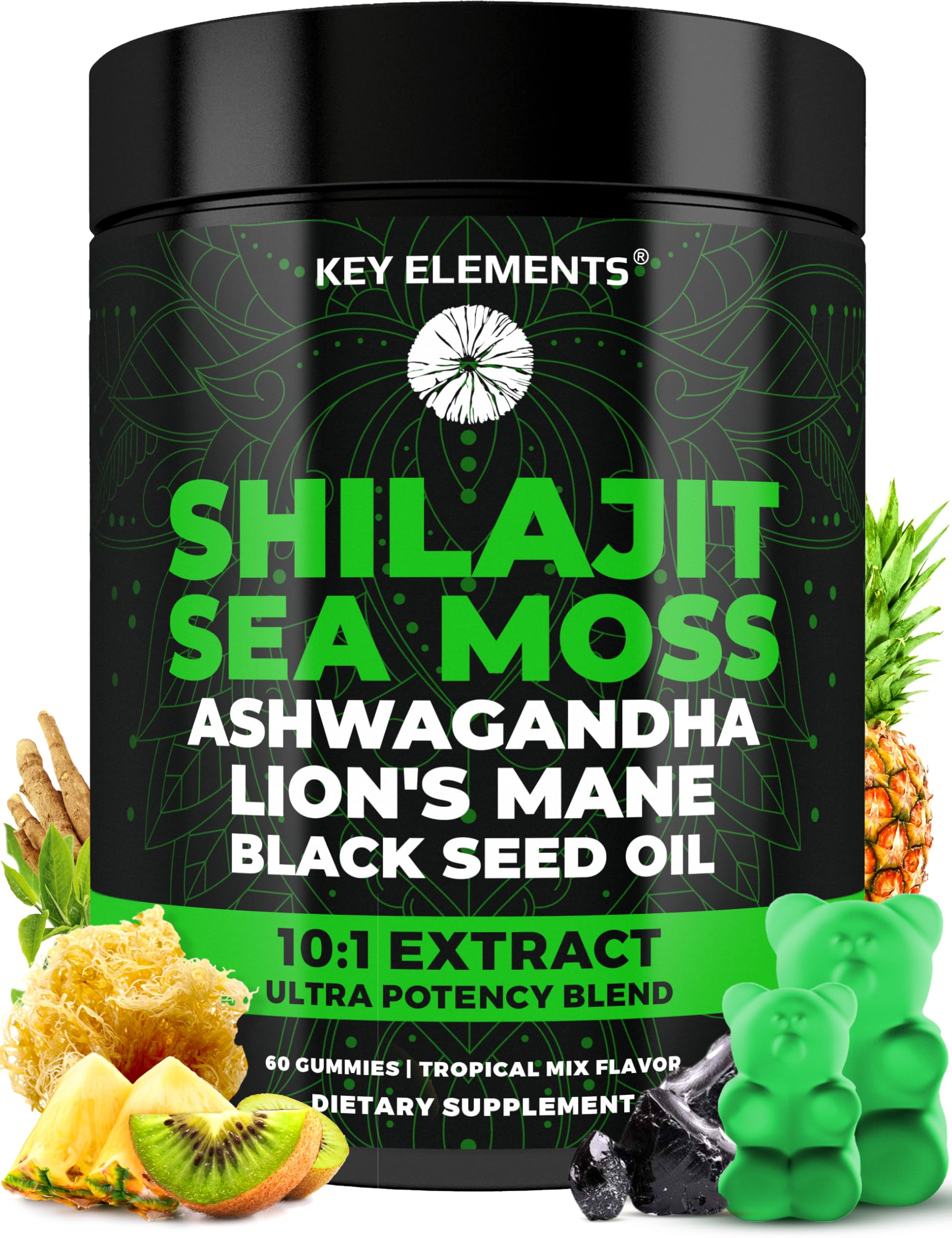 KEY ELEMENTS Shilajit Gummies jar with sea moss, convenient daily supplement.