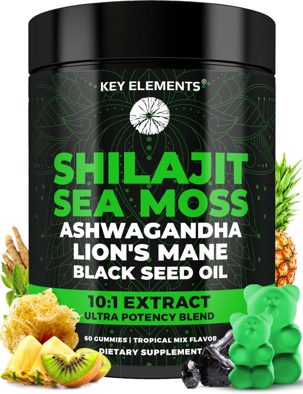 KEY ELEMENTS Shilajit Gummies jar with sea moss, convenient daily supplement.