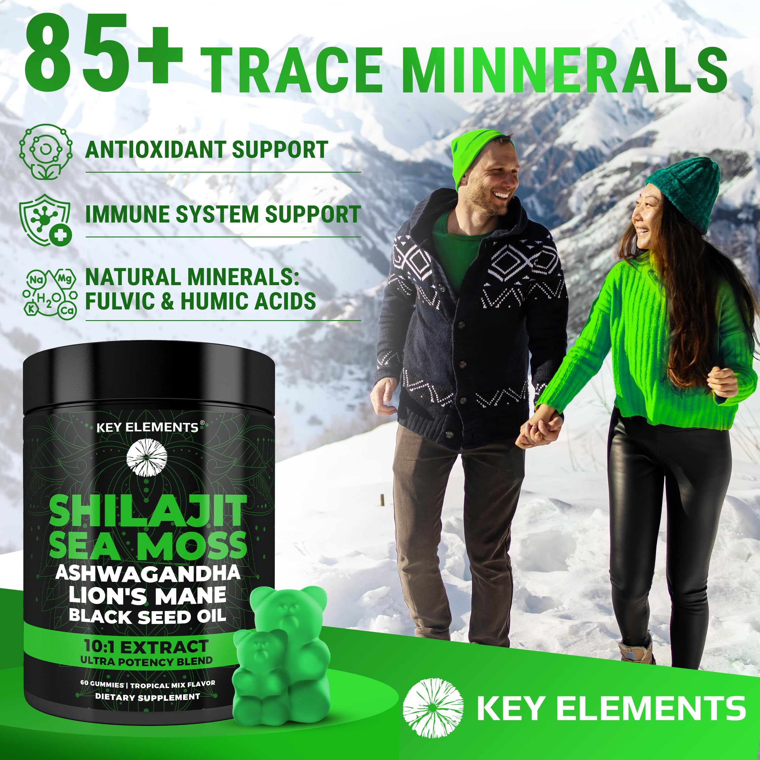 KEY ELEMENTS Shilajit Gummies being poured, easy daily dose.