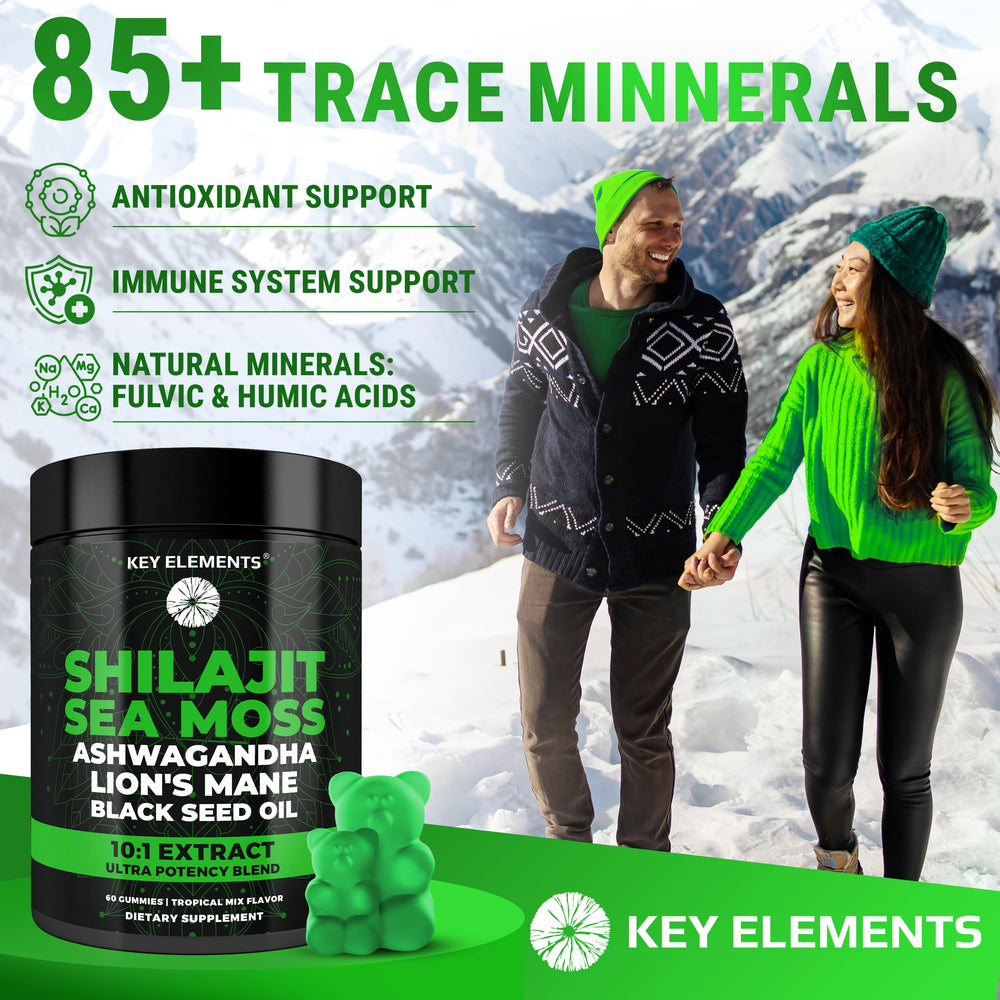 KEY ELEMENTS Shilajit Gummies being poured, easy daily dose.