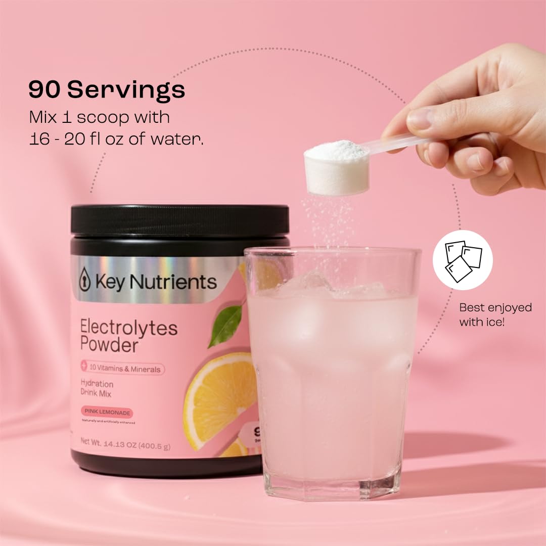 KEY NUTRIENTS pink lemonade electrolytes label close-up highlighting ingredients.