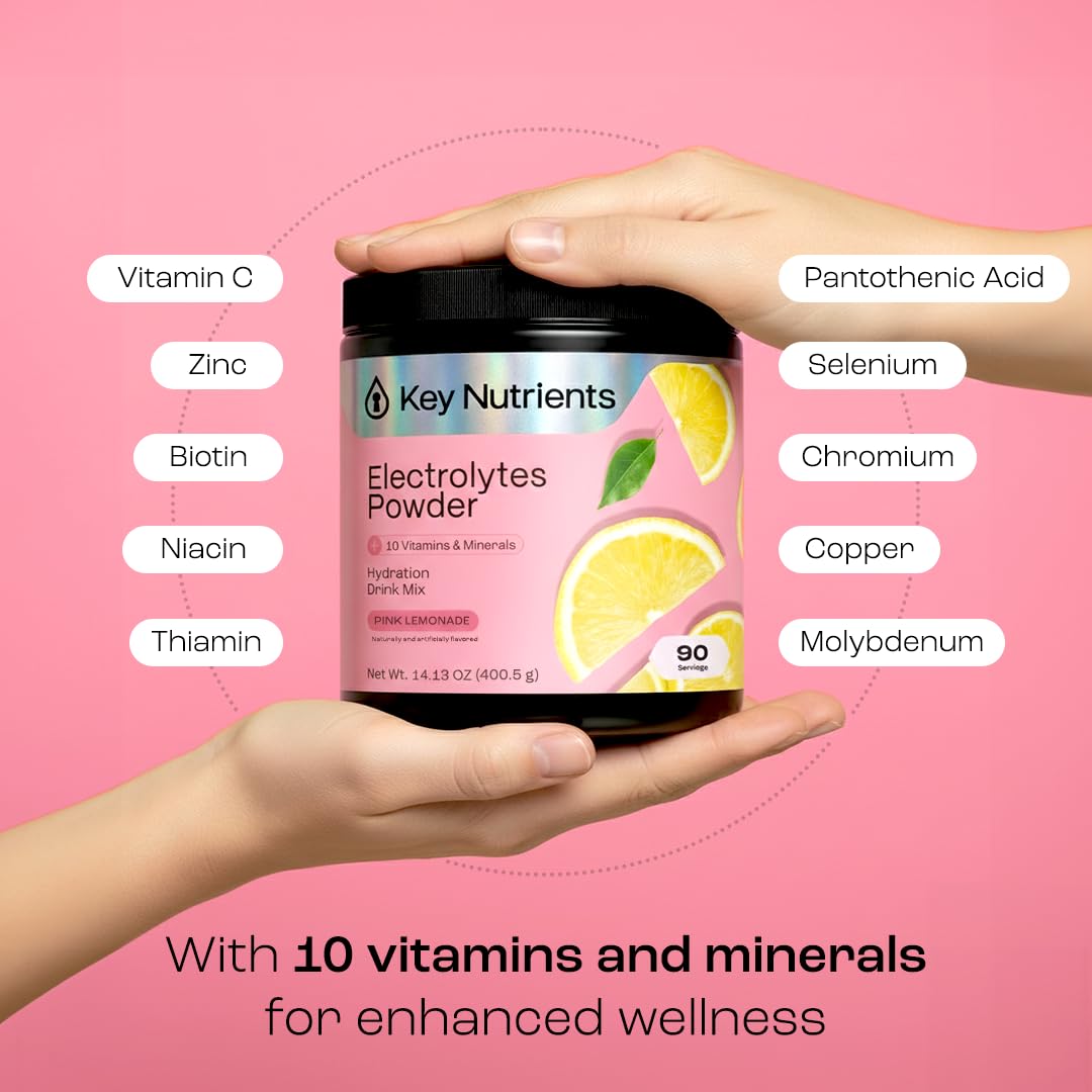 KEY NUTRIENTS pink lemonade electrolytes pouch for easy travel hydration.