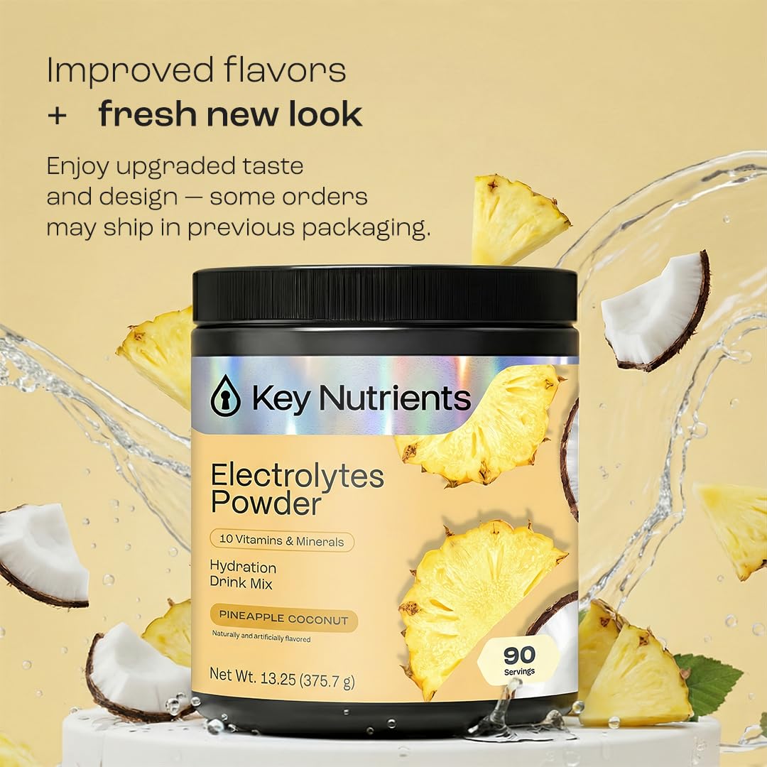 KEY NUTRIENTS Pineapple Coconut flavor scoop showing easy mixing for quick hydration