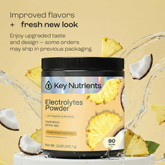 KEY NUTRIENTS Pineapple Coconut flavor scoop showing easy mixing for quick hydration