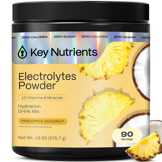 KEY NUTRIENTS Tropical Pineapple Coconut powder tub for refreshing, sugar-free hydration on the go