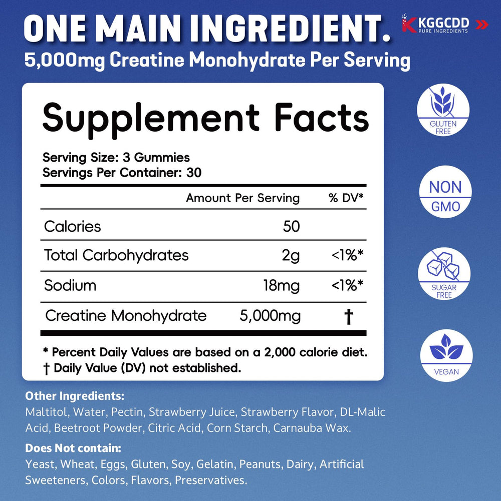KGGCDD Creatine Gummies closeup strawberry, emphasizes flavor and chewable form.