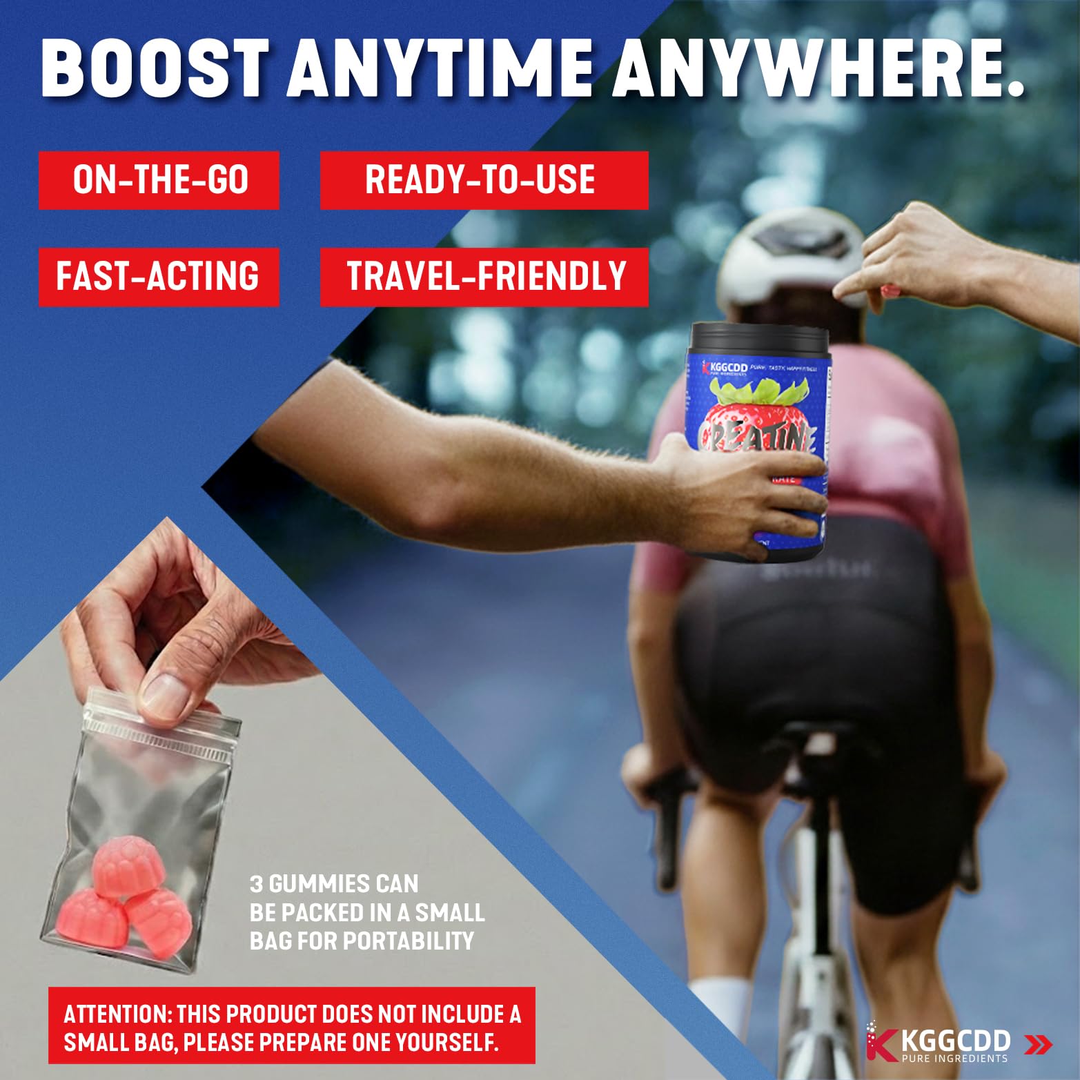KGGCDD Creatine Gummies in-use setup, gym bag ready.