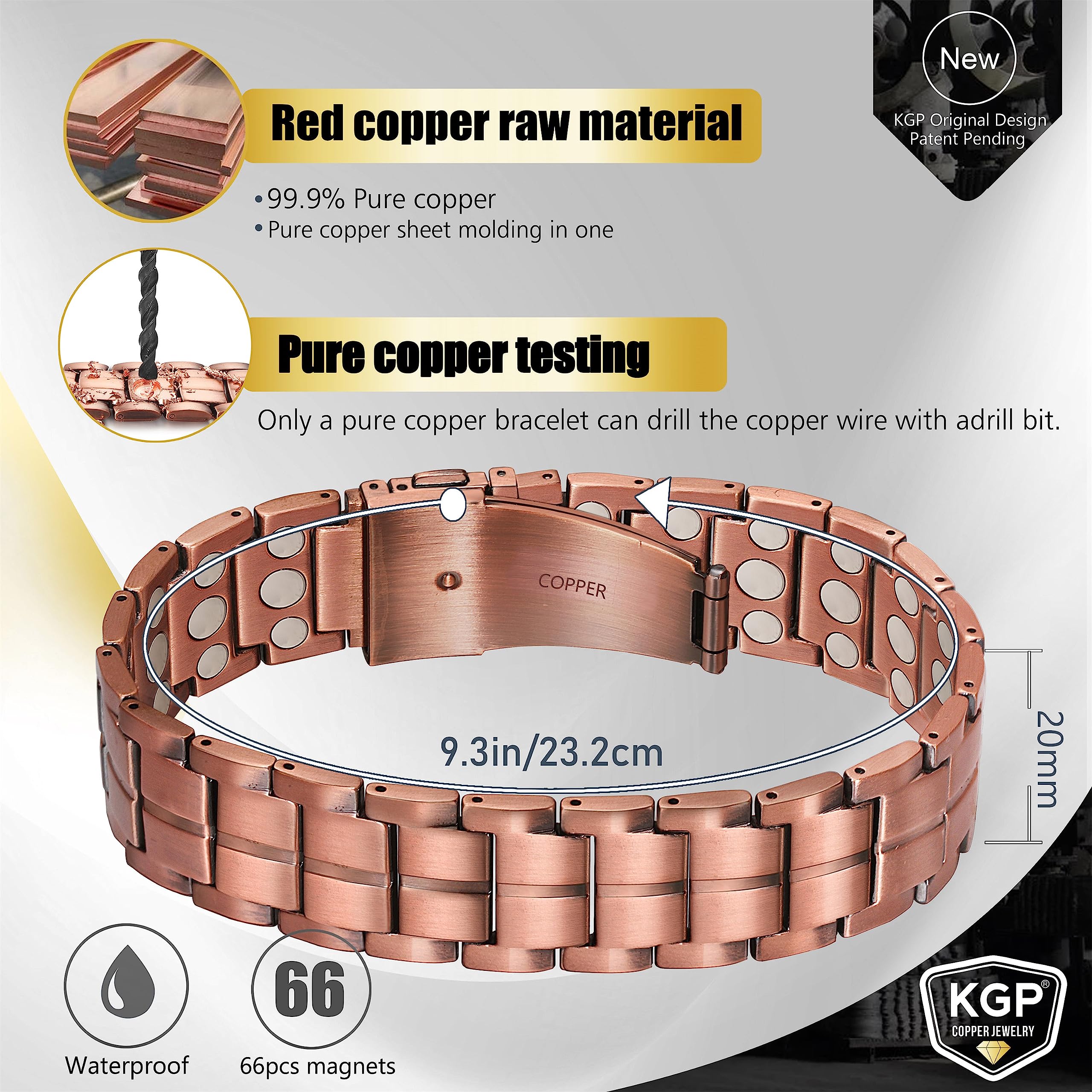 KGP bracelet highlights 3X magnets for a dense magnetic field.