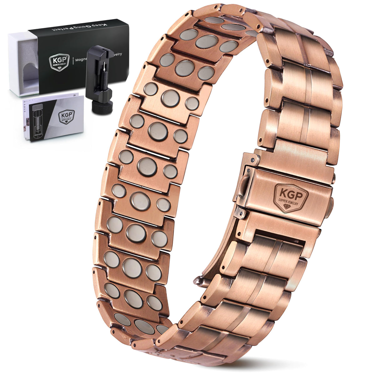 KGP men's magnetic copper bracelet close-up showing magnets and craftsmanship.