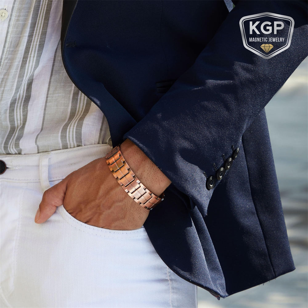 KGP magnetic copper bracelet worn on wrist with adjustable fit in view.