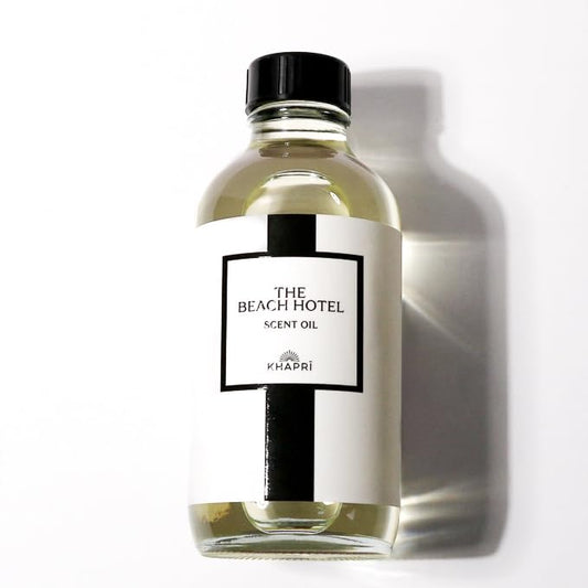 KHAPRI Beach Hotel Scent bottle highlights premium diffuser oil for long-lasting aroma.
