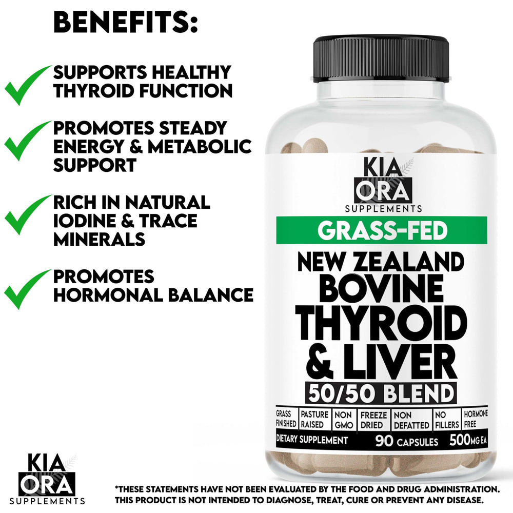 Kia Ora Supplements bottle close-up, 90-count beef thyroid and liver capsules, grass-fed for clean nutrition.