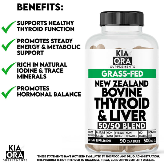Kia Ora Supplements bottle close-up, 90-count beef thyroid and liver capsules, grass-fed for clean nutrition.