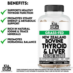 Kia Ora Supplements bottle close-up, 90-count beef thyroid and liver capsules, grass-fed for clean nutrition.