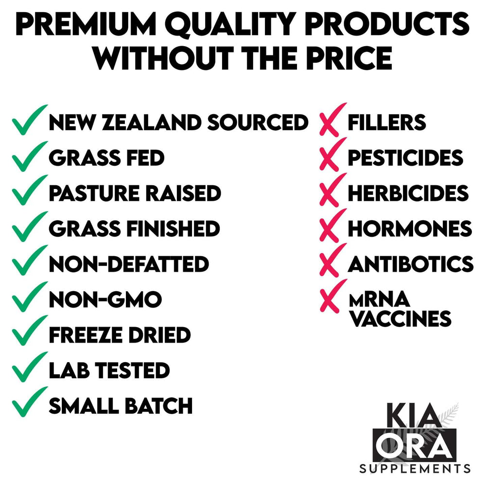 Kia Ora liver-thyroid blend capsules close-up, balanced 50/50 dosage for nutrient intake.