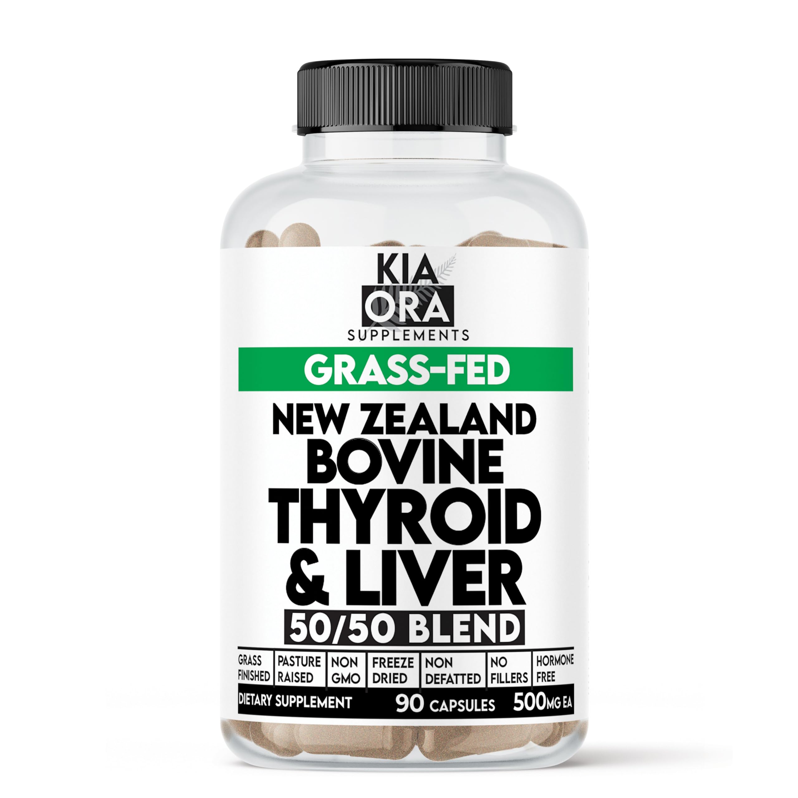 Kia Ora Supplements bottle showing 90-count beef thyroid and liver capsules for energy balance.