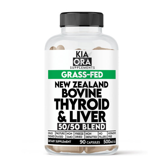 Kia Ora Supplements bottle showing 90-count beef thyroid and liver capsules for energy balance.