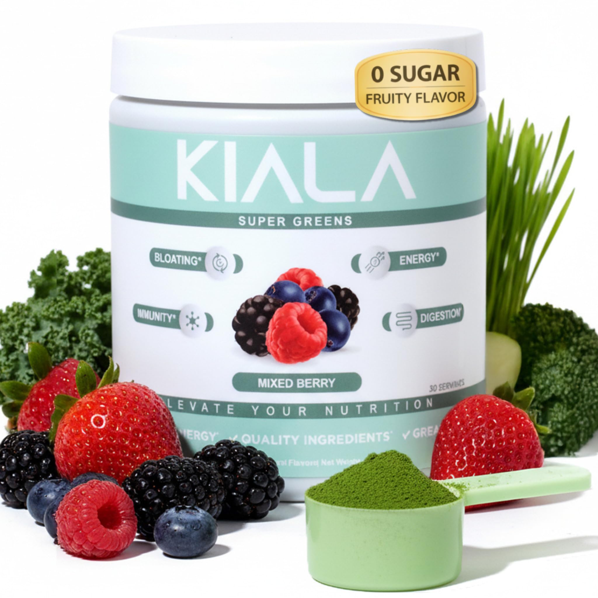 Kiala Nutrition Super Greens bottle front showing a gluten-free formula.