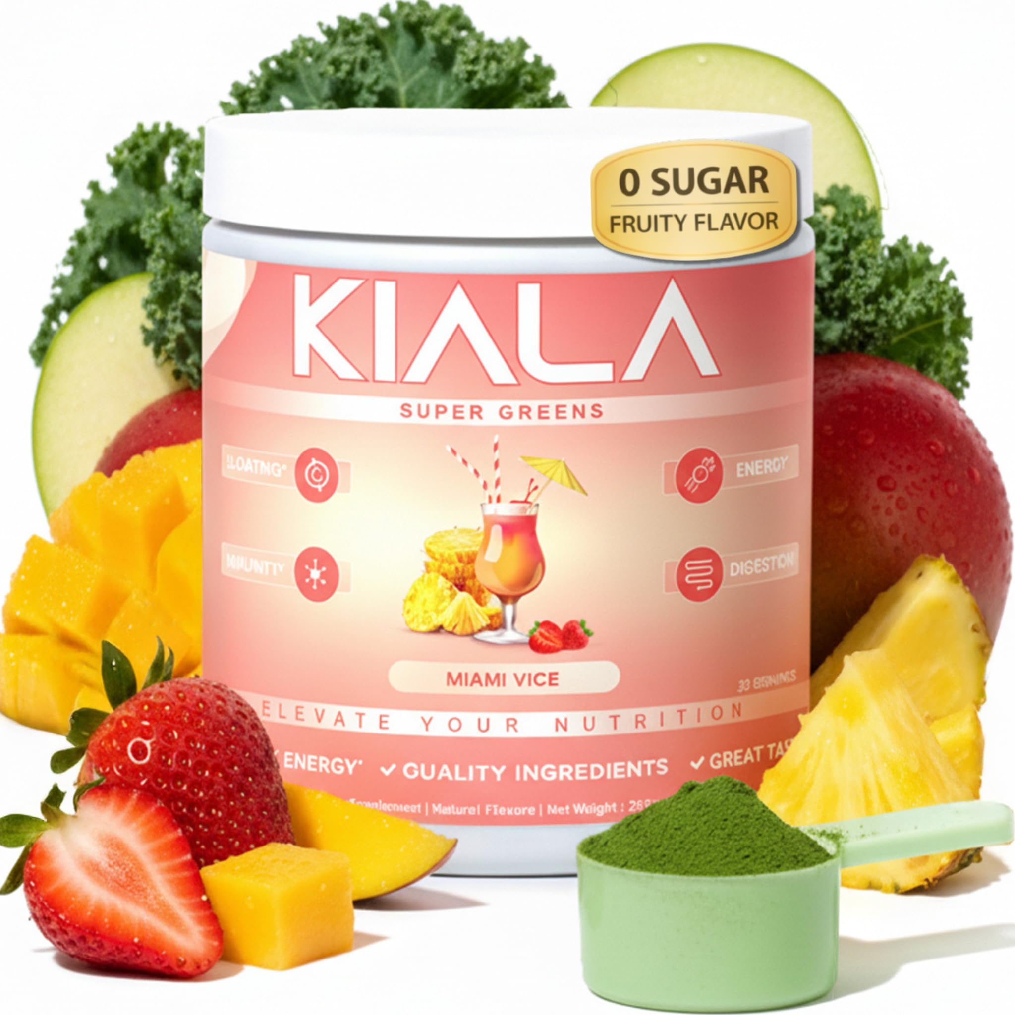 Kiala Nutrition Super Greens bottle front shows a daily nutrition option