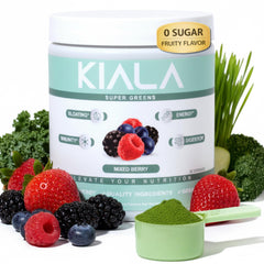 Kiala Nutrition Super Greens bottle front showing a gluten-free formula.