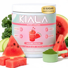 Kiala Nutrition Super Greens canister label highlights organic ingredients for daily wellness.