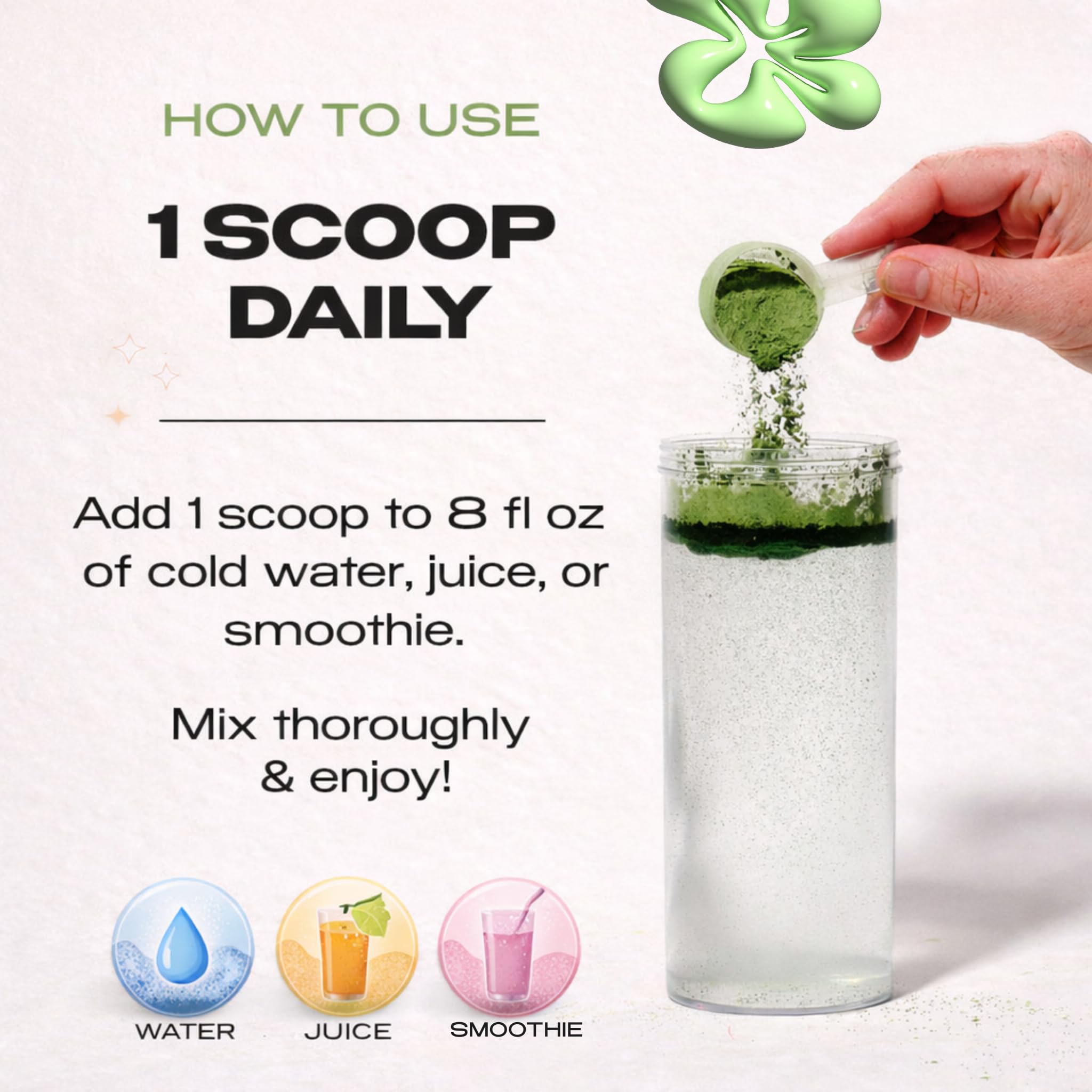 Kiala Nutrition Super Greens being mixed in a glass for a bright lemon drink.