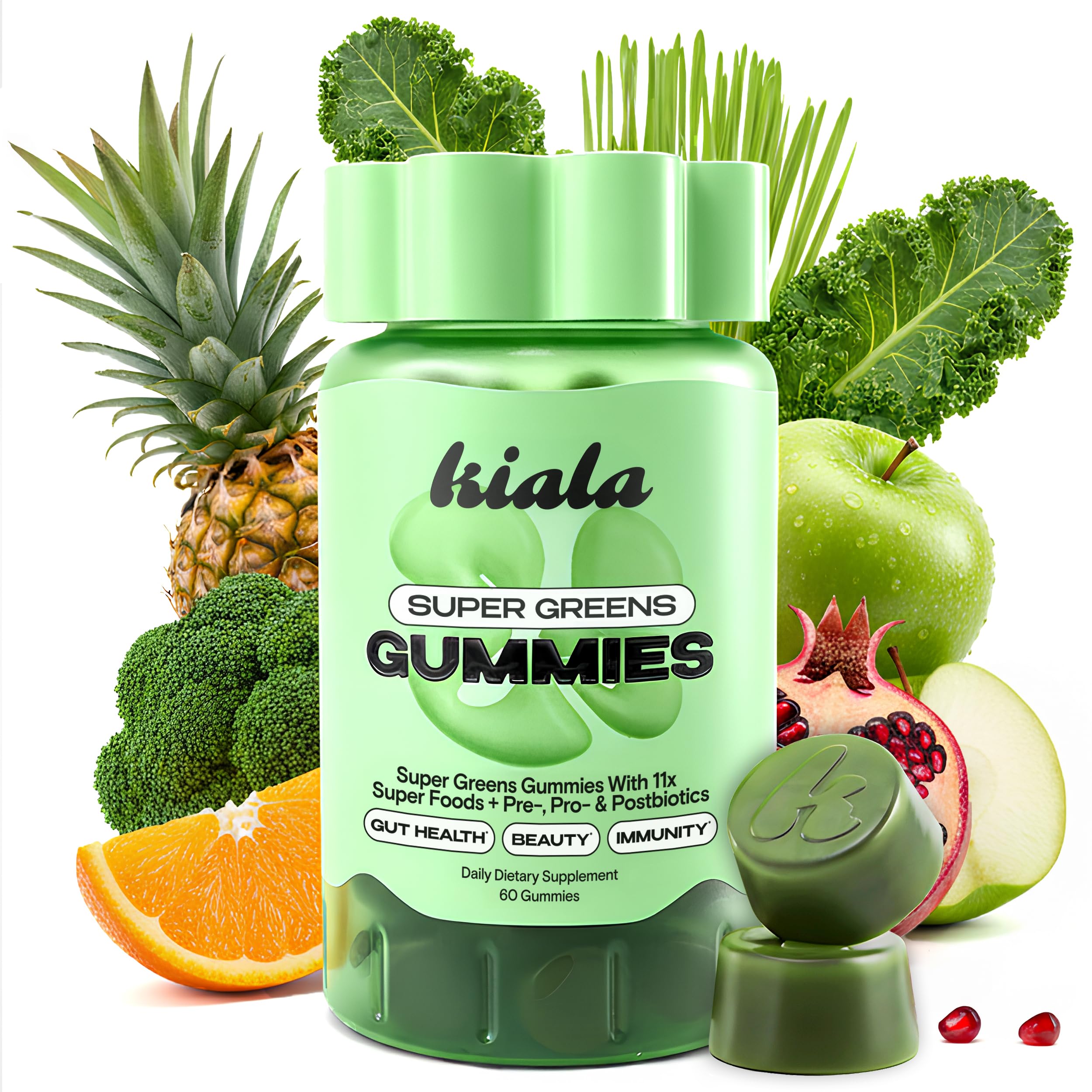 Kiala Nutrition Super Greens Gummies bottle on countertop for daily gut support.