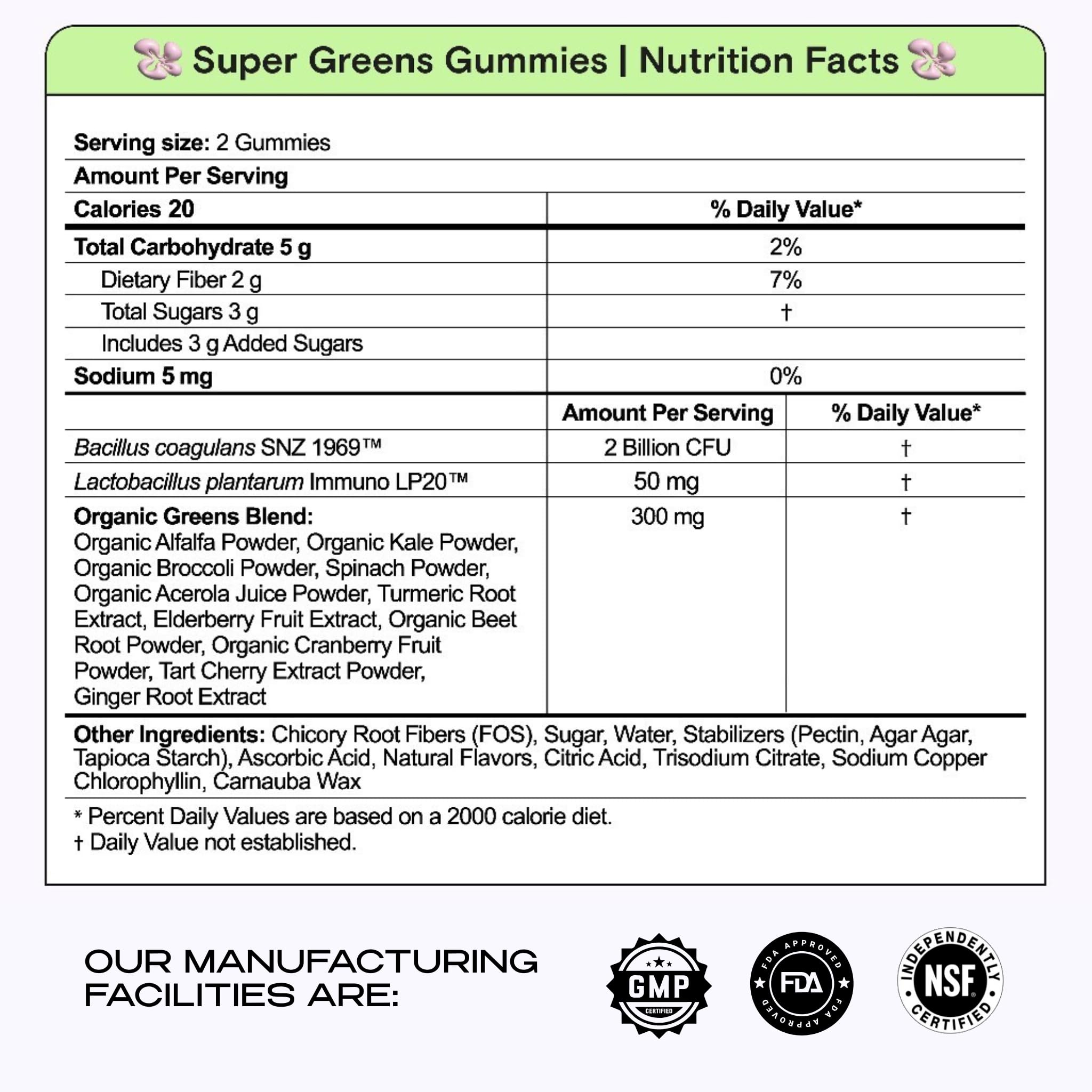 Kiala Nutrition Super Greens Gummies serving shot highlighting fiber and probiotic blend.