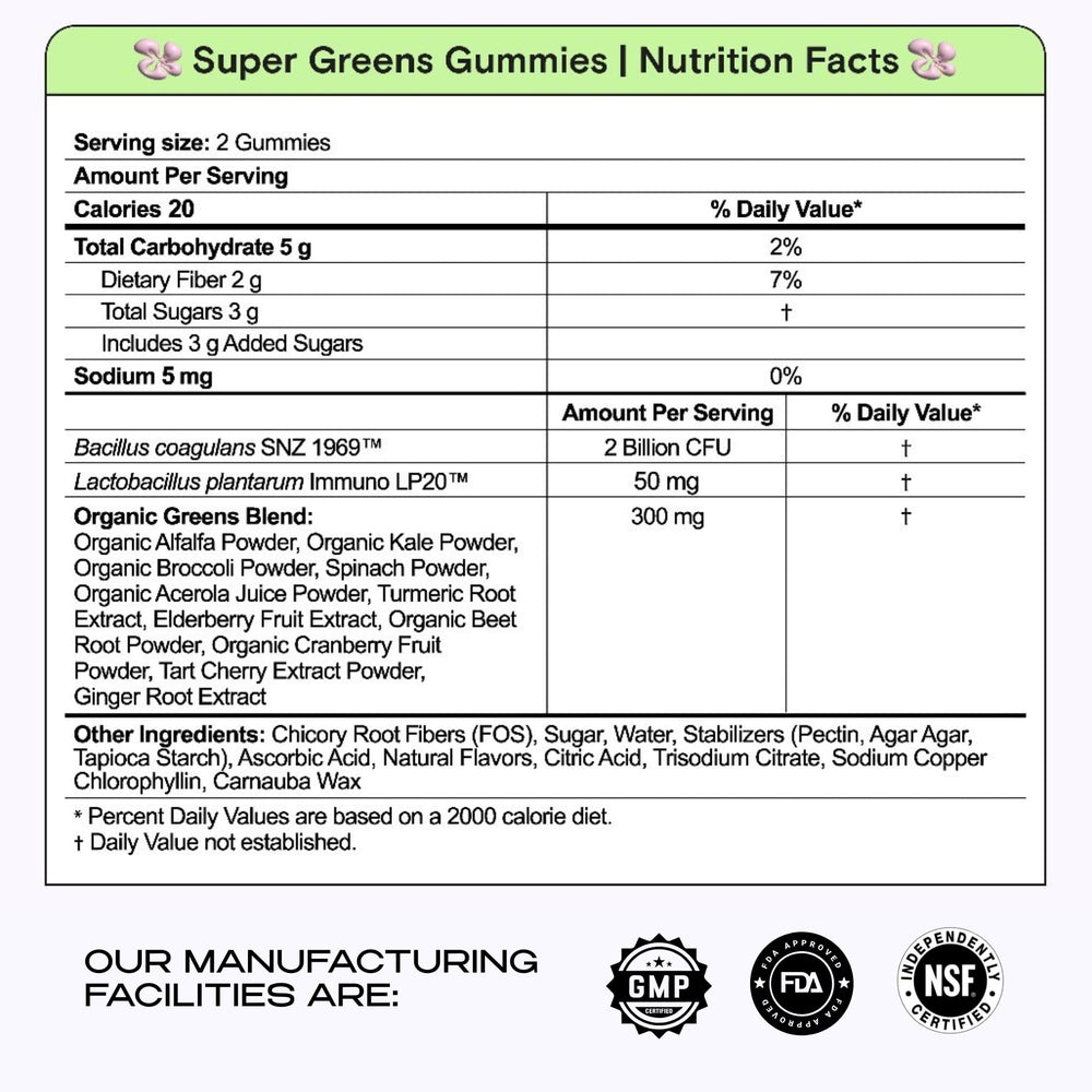 Kiala Nutrition Super Greens Gummies serving shot highlighting fiber and probiotic blend.