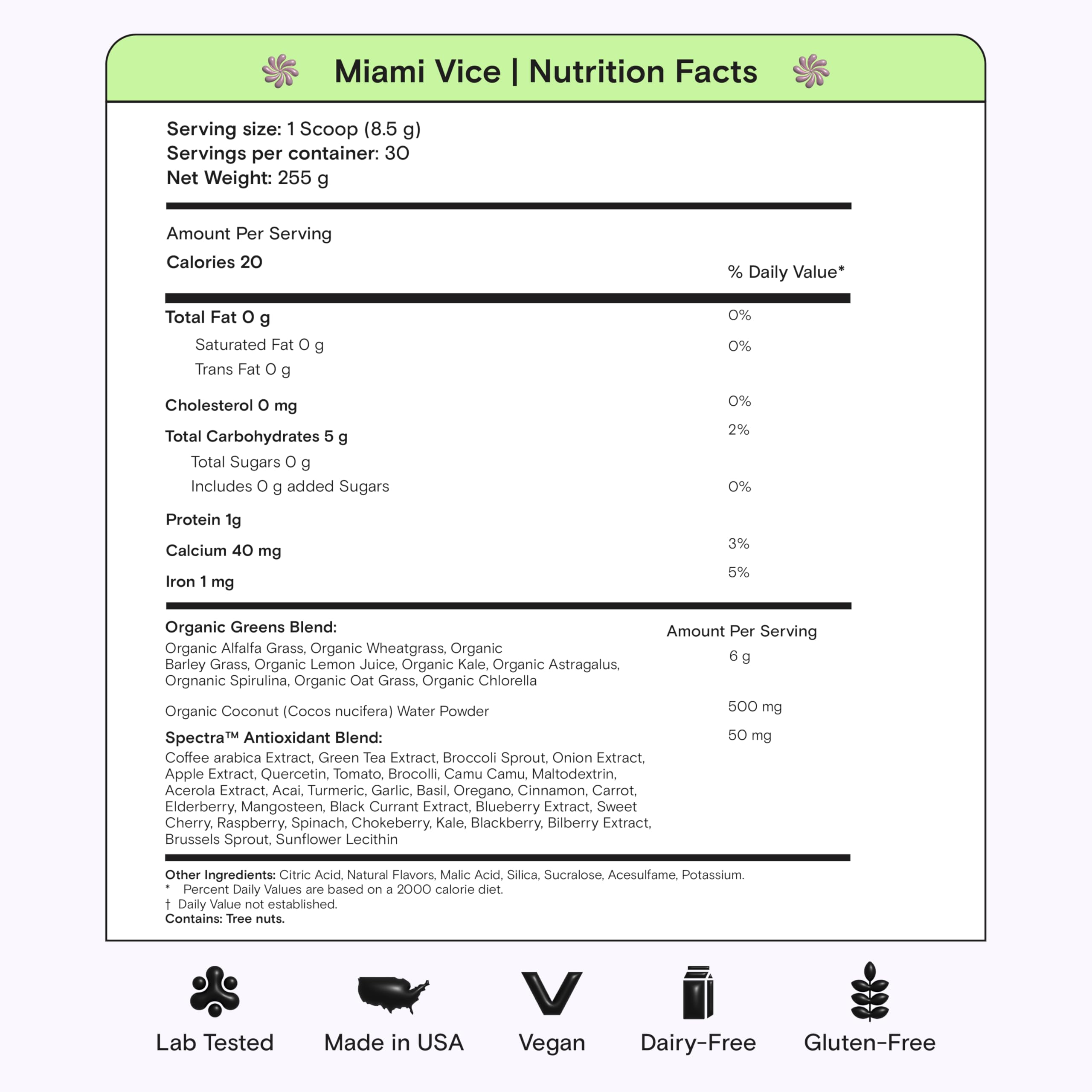 Kiala Nutrition Super Greens ingredients panel highlights organic greens and chlorella