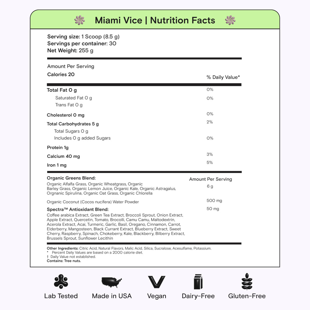 Kiala Nutrition Super Greens ingredients panel highlights organic greens and chlorella