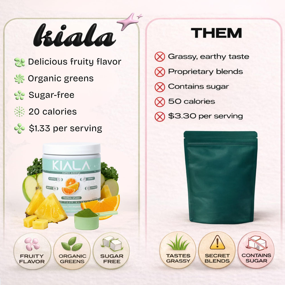 Kiala Nutrition Super Greens spirulina and chlorella ingredients highlight nutrient-rich greens.