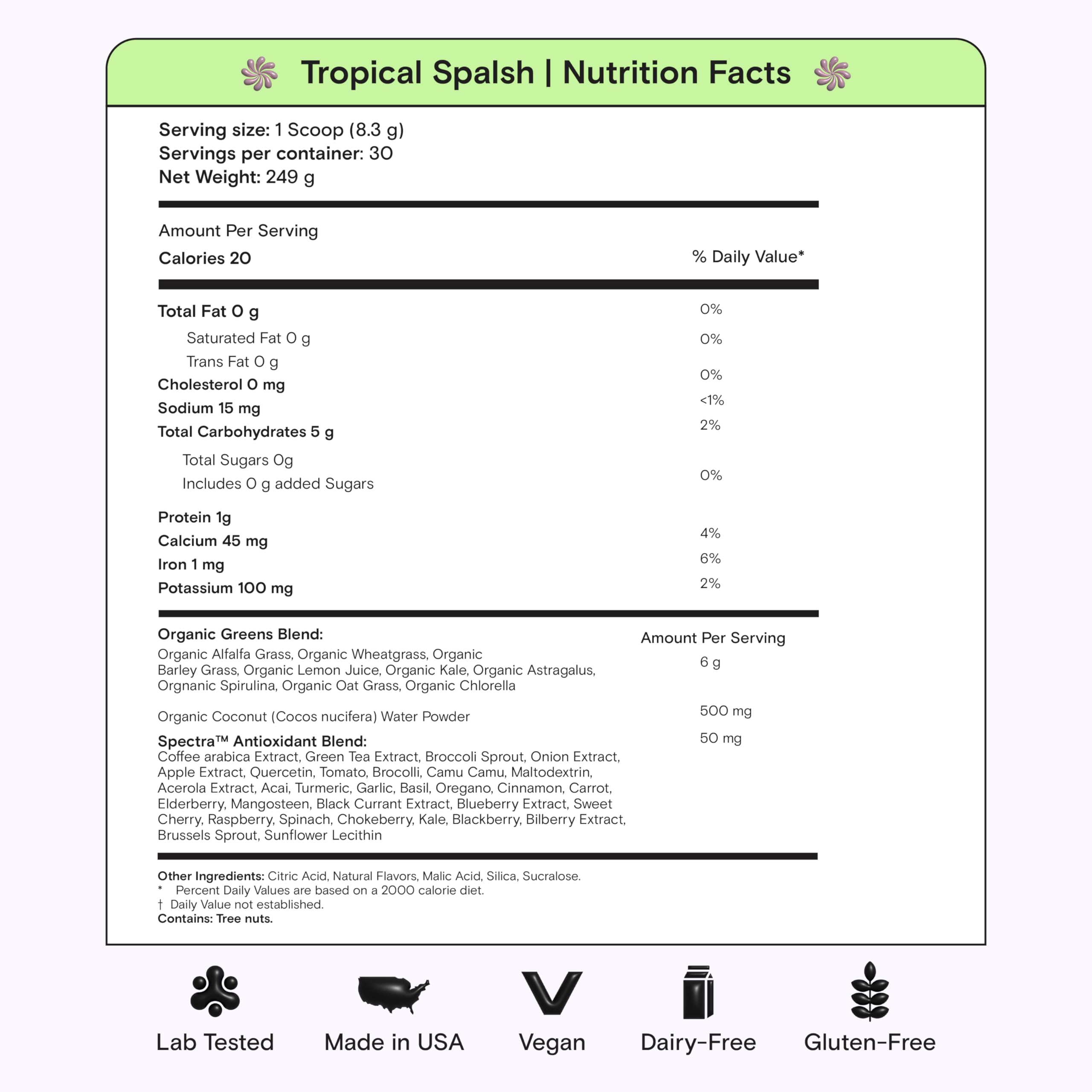 Kiala Nutrition Super Greens Tropical Splash in a glass of water, refreshing and sugar-free.