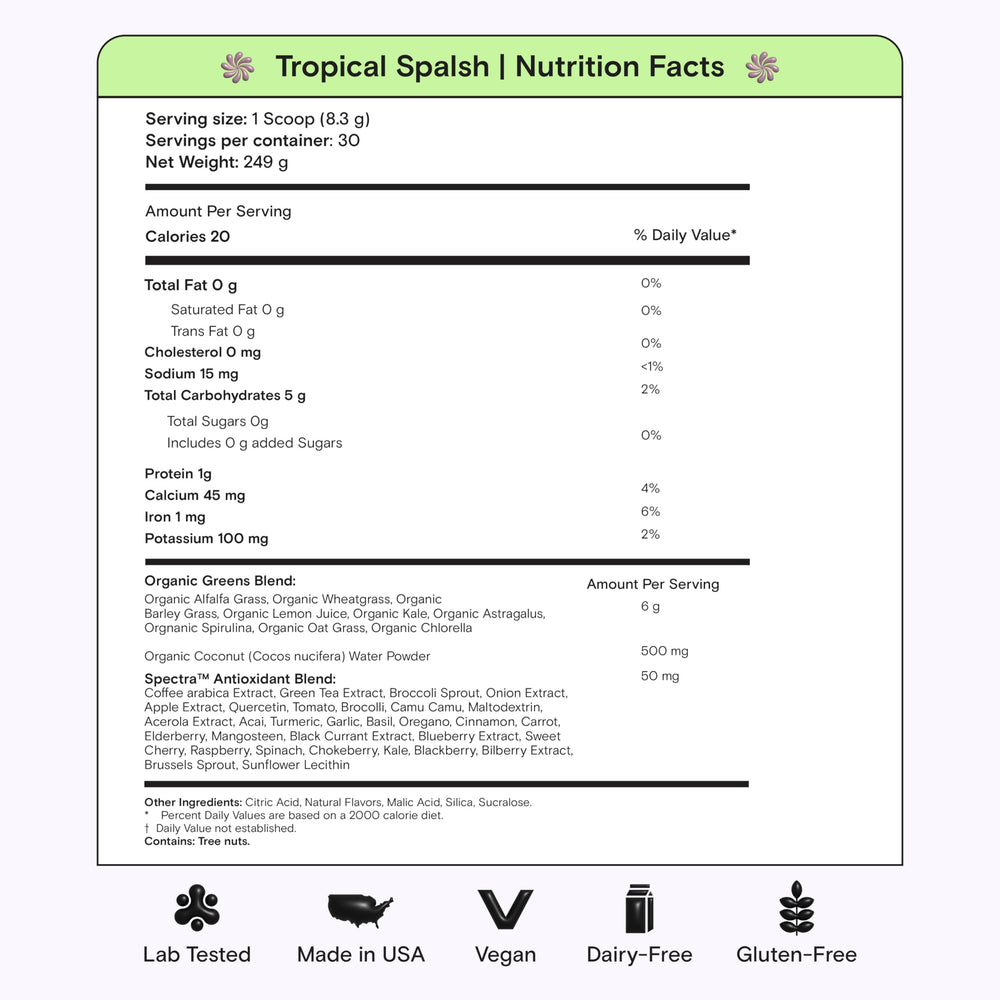 Kiala Nutrition Super Greens Tropical Splash in a glass of water, refreshing and sugar-free.