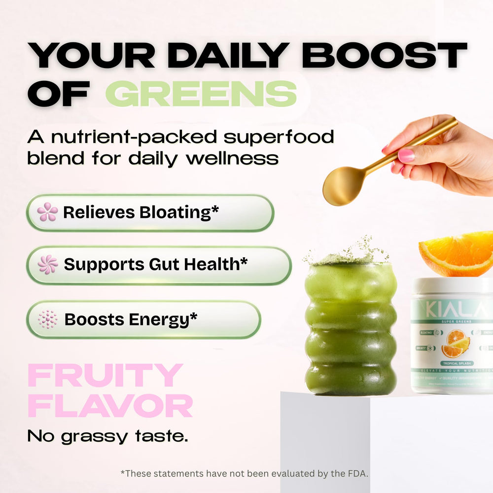 Kiala Nutrition Super Greens bottle label highlighting organic ingredients and lemon flavor.