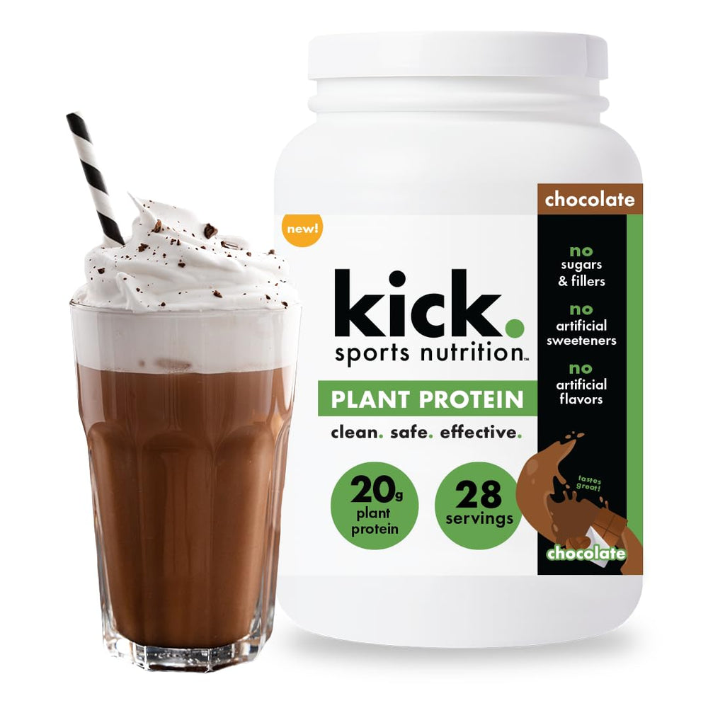 Kick Plant Protein Powder chocolate bottle shows 20g protein per serving for post-workout fueling.