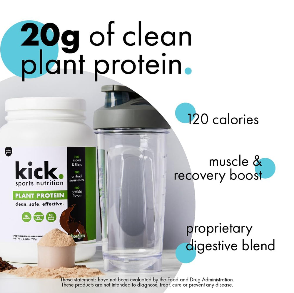 Kick Plant Protein Powder chocolate shaker ready for on the go shakes.