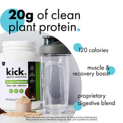 Kick Plant Protein Powder chocolate shaker ready for on the go shakes.
