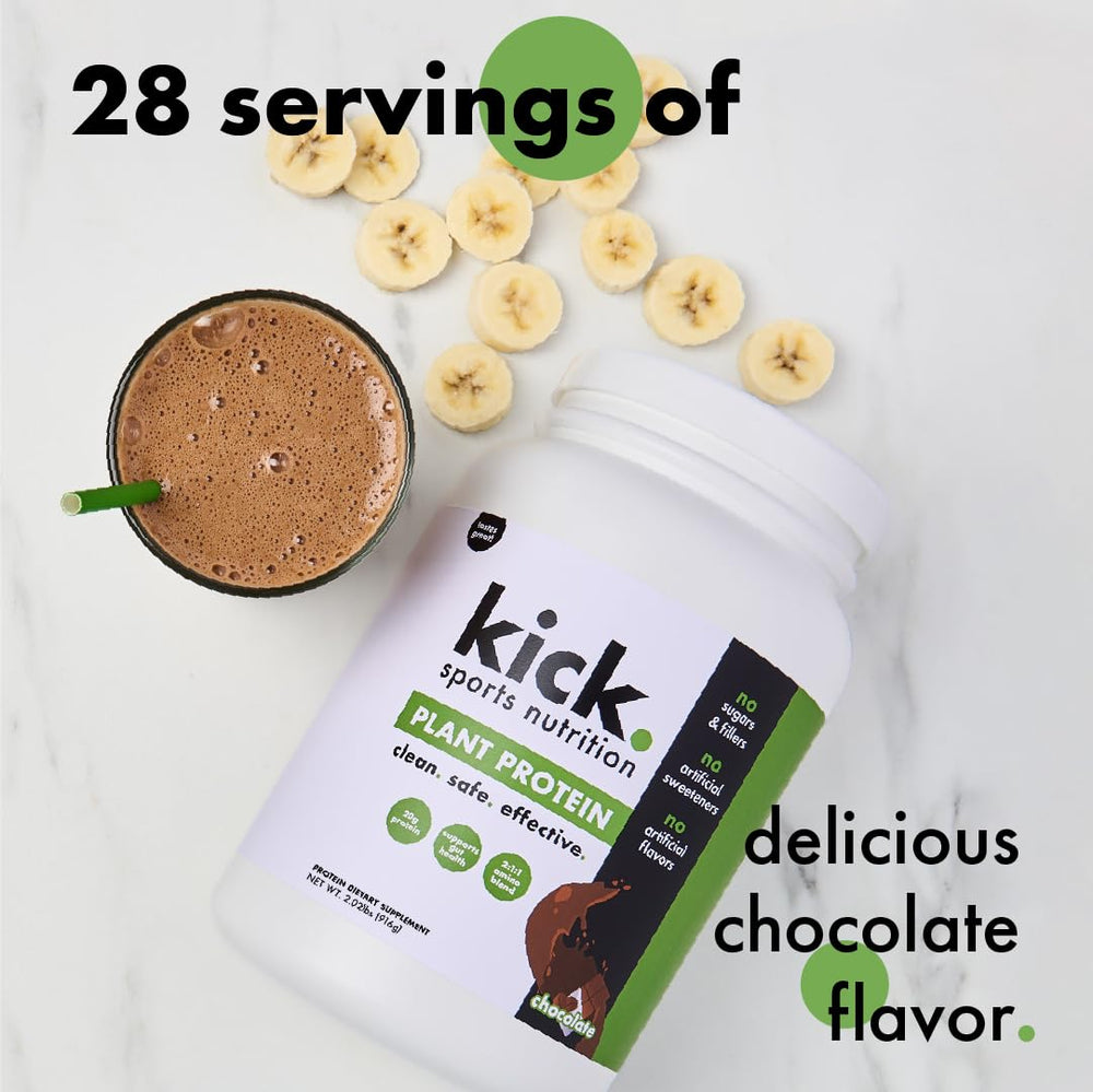 Kick Plant Protein Powder chocolate tub side view shows 28 servings.