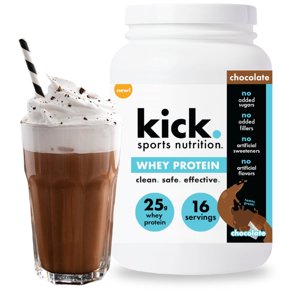 Kick Whey Protein Chocolate container ready for a post-workout shake.