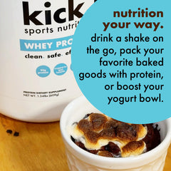 Kick Whey Protein Chocolate digestive blend illustration shows enzymes for digestion.