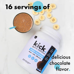 Kick Whey Protein Chocolate ingredients panel notes no artificial flavors and sugar-free option.