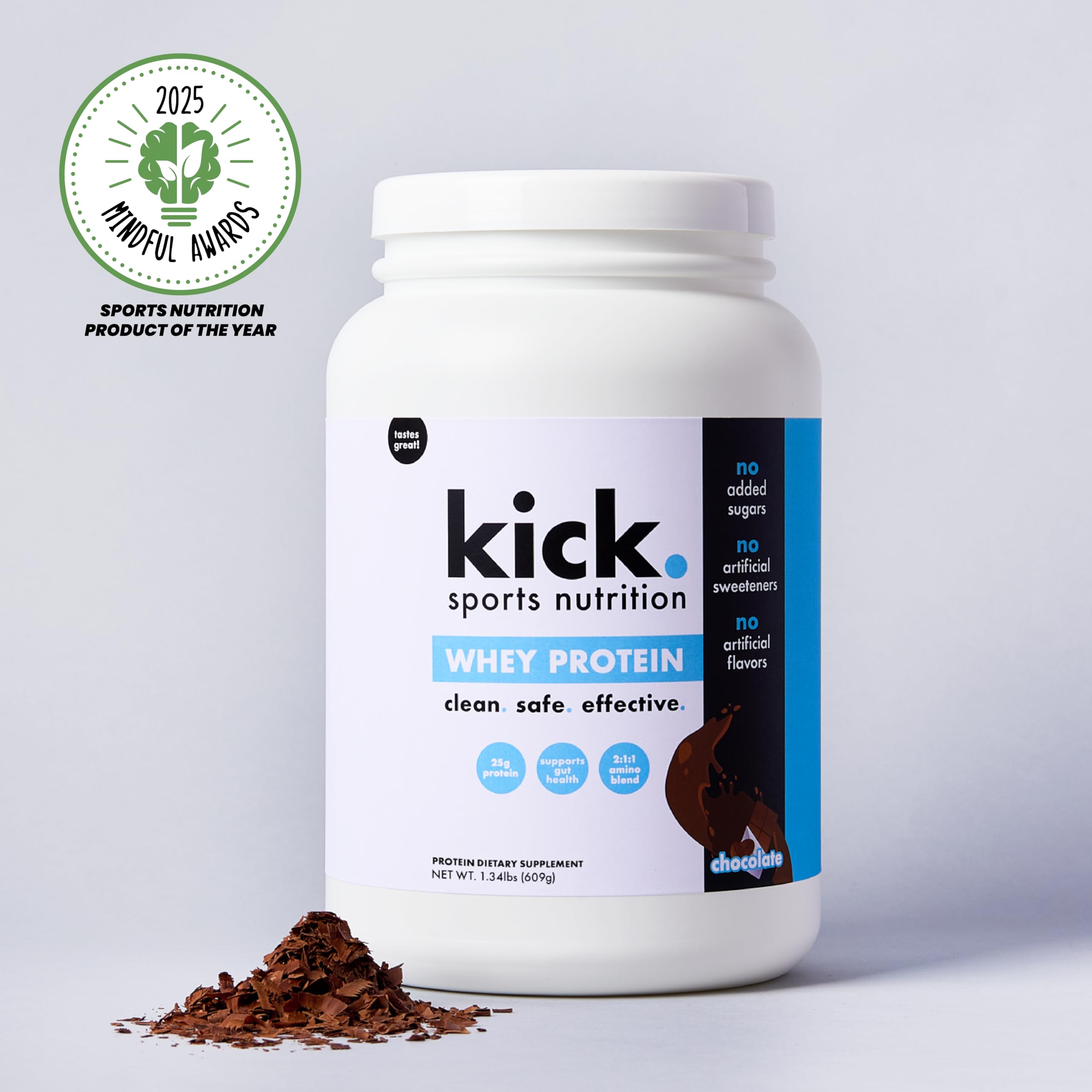 Kitchen setup featuring Kick Whey Protein Chocolate for a convenient fitness snack.