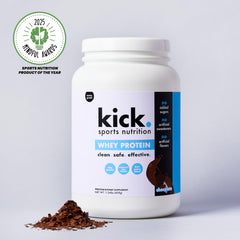 Kitchen setup featuring Kick Whey Protein Chocolate for a convenient fitness snack.