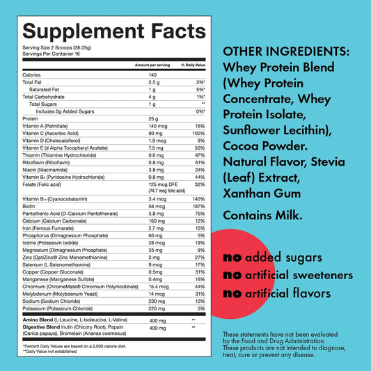 Close-up of the Kick Whey Protein Chocolate label highlighting gluten-free formula.
