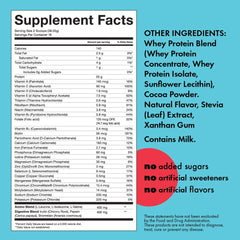 Close-up of the Kick Whey Protein Chocolate label highlighting gluten-free formula.